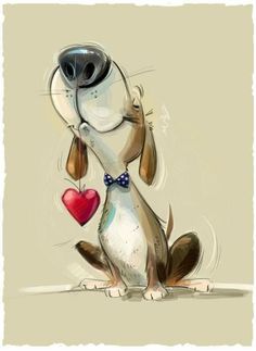 a cartoon dog with a heart hanging from it's mouth