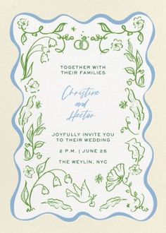 a wedding card with the words together with their families on it and flowers in blue