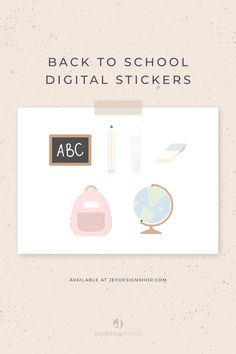 the back to school digital stickers are displayed on a white background with pink and blue accents