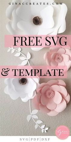 three paper flowers with the words free svg and template on them in pink, white and