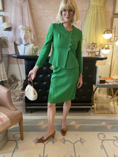 "1960s woven cotton kelly green tailored skirt suit with scalloped detail down the front and on the cuffs. Gold starfish on green buttons. Such a unique one of a kind suit! Fit: XS or Small Jacket - Bust: 34-36\" Waist: up to 32\" Length: 21\" Skirt - Waist: 26\" Hips: 37\" Length: 23.5\" Condition: Excellent Vintage Condition. All sales are final. Thank you for shopping small + sustainable. 💚" Classic Fitted Green Skirt Suit, Classic Green Fitted Skirt Suit, Green Long Sleeve Formal Skirt Suit, Formal Green Long Sleeve Skirt Suit, Green Skirt Suit For Spring Party, Green Fitted Skirt Suit For Formal Occasions, Tailored Green Long Sleeve Skirt Suit, Tailored Green Skirt Suit With Long Sleeves, Fitted Green Skirt Suit For Spring