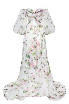 Apple Blossom Elegant floral puff sleeve maxi dress - Milla Milla Dresses, Transparent Sleeves, Sheer Sleeve Dress, Puff Sleeve Maxi Dress, Apple Dress, Dress Weights, Evening Dresses Online, Floral Gown, American Fashion Designers