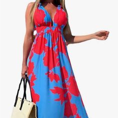 Super Fun Floor-Length Halter Tie Maxi Dress With Side Zipper. Perfect For Spring Break, Summer Vacation, Pool Parties. Nwot. Printed V-neck Maxi Dress For Day Out, Blue V-neck Maxi Dress For Day Out, Printed V-neck Maxi Dress For Beach Season, V-neck Maxi Dress For Beach Season, Blue Printed V-neck Sundress, Casual V-neck Printed Maxi Dress, V-neck Beach Dress For Vacation, Red V-neck Beach Dress For Vacation, Blue V-neck Dress For Spring Vacation