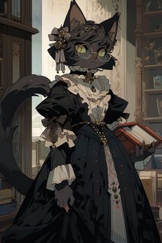 a cat dressed in black and white holding a book