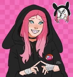 an anime character with pink hair wearing a black hoodie and holding her hands together