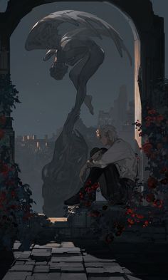 an image of a man sitting in front of a giant alien statue with flowers around him