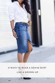 8 Ways to Wear a Denim Skirt Like a Grown-up via @PureWow Vintage Outfits Classy, Office Suits, Jean Skirt Outfits, Denim Skirt Outfits, Moda Jeans, Denim Pencil Skirt, Spring Skirts, Clothes Women