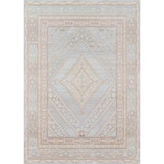 a blue and beige rug with an intricate design on the bottom, in front of a white background