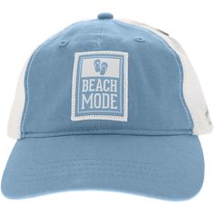 PREMIUM QUALITY: One-Size-Fits-Most baseball cap hat. The front of the hat is made from blue canvas material. The backing is made from a white breathable mesh and features weatherproof & rust-proof hardware. IN-HOUSE DESIGN: Snap with an adjustable strap that can be tucked away into the backside hat. The front of the hat features an embroidered patch "Beach Mode" sentiment with is accompanied by a pair of flip-flops and a rectangle outline design. CARE INSTRUCTIONS: Spot clean only; leave out in Blue Cotton Trucker Hat For The Beach, Adjustable Light Blue Outdoor Hats, Beach Baseball Cap With Curved Bill For Baseball Season, Blue Lightweight Sports Hat, Mesh Snapback Baseball Cap For Beach, Curved Bill Baseball Cap For Beach And Baseball Season, Summer Blue Cotton Trucker Hat, White Baseball Cap With Upf 50+, Blue Cotton Trucker Hat For Summer