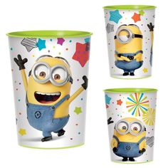 three plastic cups with cartoon characters on them