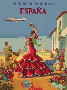 an advertisement for the spanish airline with a woman in a red dress and two men playing guitar