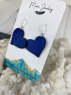 "Royal blue leather heart earrings on sterling silver. 1\" long  Perfect for Valentines Day!" Royal Blue Heart, Blue Heart Earrings, Leather Heart, Heart Earring, Blue Hearts, Earrings Blue, Valentines Gift, Blue Heart, Leather Earrings