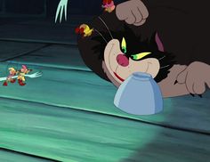 an animated cat with green eyes and yellow eyes is holding a blue vase in front of another cartoon character