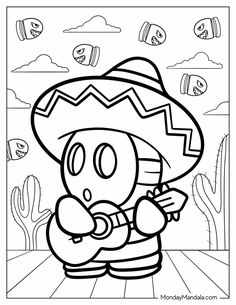 a cartoon character wearing a sombrero and holding a cactus