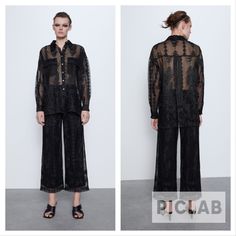 Genuine Zara New With Tag Color: Black Loose Fit Sheer Shirt With High Waisted Lined Semi Sheer Trousers. Relaxed With Fancy Vibes. Love Embroidered Tulle Details. Roomy Fit Top Zara Non-stretch Party Bottoms, Embellished Black Organza Sets, Zara High-waisted Black Pants, Zara Black Sheer Dress, Black Bell Bottoms, Zara Black Embroidered Tops, Zara Leather Pants, High Waisted Trouser Pants, Asymmetric Jumpsuit