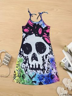 Peilia - Stylish Plus Size Gothic Summer Maxi Dress - Womens Skull & Floral Print Cami Dress with Medium Stretch and Round Neckline Black Halloween Beach Dresses, Sleeveless Skull Print Party Dress, Sleeveless Summer Dresses With Skull Print, Black Skull Print Dress For Summer, Casual Skull Print Dresses For Spring, Black Skull Print Summer Dress, Casual Skull Print Spring Dresses, Summer Black Dress With Skull Print, Casual Black Dress With Skull Print