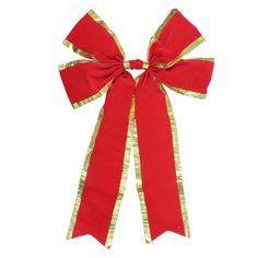 a red bow with gold stripes on it