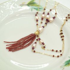 Long Garnet and Pearl Tassel Necklace gemstone tassel Garnet And Pearl, Gold Filled Necklace, Pearl Necklaces, Necklace Gemstone, Necklace Long, Long Pendant, Elegant Necklaces, Beaded Tassels, Jewelry Gift Box