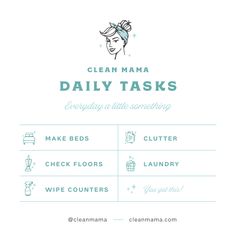 the clean mama daily tasks list is shown in blue and white, with an image of a