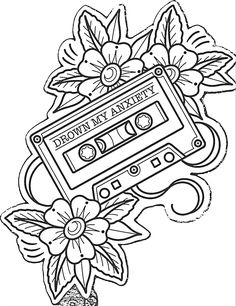 an old school cassette with flowers and leaves on the side, in black and white