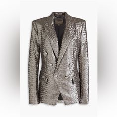 Perfect Condition New With Tags Beautiful Gunmetal Blazer Could Be Worn Elevated Or Just With Jeans And A Graphic T-Shirt! True To Size Fitted Silver Blazer For Evening, Elegant Metallic Blazer For Night Out, Chic Silver Blazer For Party, Silver Blazer For Night Out, Elegant Silver Blazer For Night Out, Luxury Silver Outerwear For Parties, Chic Fitted Silver Blazer, Silver Formal Blazer For Winter, Silver Winter Formal Blazer