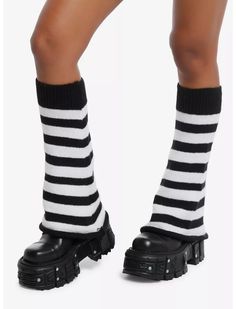 Black & White Stripe Flared Leg Warmers Striped Knee-high Winter Socks, Knee-high Striped Winter Socks, Winter Striped Socks, Striped Stretch Socks For Winter, Stretch Striped Socks For Winter, Winter Striped Stretch Socks, Trendy Black Ribbed Leg Warmers, Casual Striped Leg Warmers For Fall, Casual Striped Leg Warmers For Winter