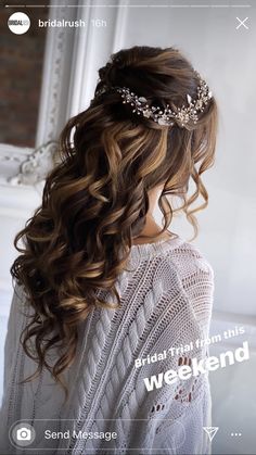 the back of a woman's head with long hair and a tiara on her head