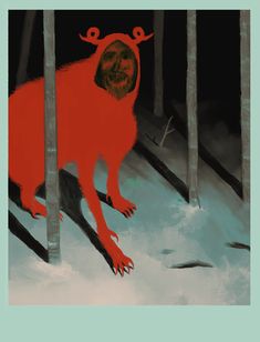 a painting of a red creature in the woods with trees and snow on it's ground