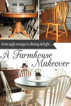 a collage of photos showing different types of chairs and tables with the words farmhouse makeover on them