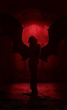 the silhouette of a woman with wings in front of a red and black background,