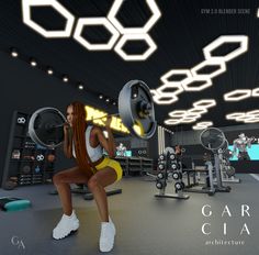 a woman squatting down in a gym with equipment on the floor and lights above her