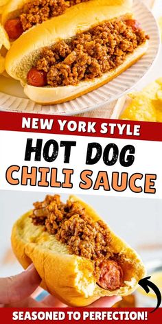 two hot dogs with chili sauce on top and the words new york style hot dog chili sauce