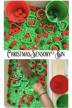 two pictures with the words christmas sensory bins and an image of children's hands making