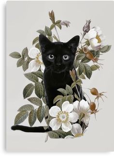 a black cat surrounded by flowers and leaves