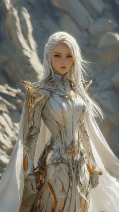 a white haired woman dressed in armor and with long hair standing next to a mountain