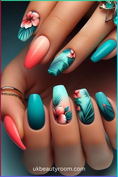 \ Tropical Nails Design, Luau Nails, Spirit Nails, Hawaiian Nails, Nail Inspired, Vacation Nails Beach, Sunflower Nail Art, Chrome Designs, Nails Styles