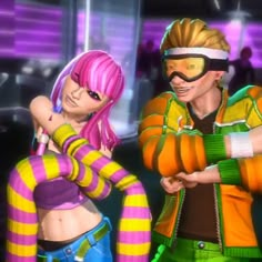 two animated characters are dancing together in a video game