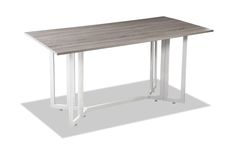 a wooden table with white metal legs on a white background in the shape of a rectangle