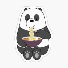 a panda eating noodles with chopsticks in its mouth sticker on a white background