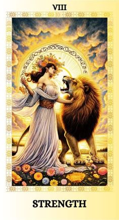 a taroti card with a woman and a lion in front of the taroti