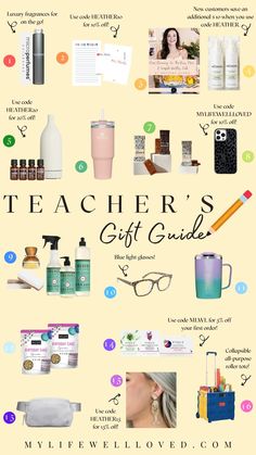 the teacher's gift guide is shown in this graphic style, with many different items on