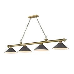 three lights hanging from the ceiling in an antique brass finish with black and white shades