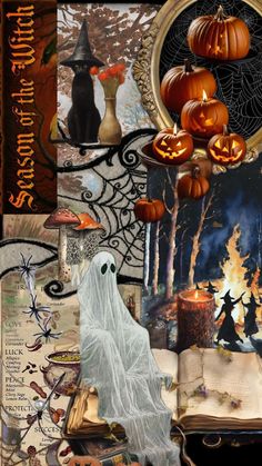 halloween collage with pumpkins, books and candles in the shape of ghostes