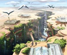 an artist's rendering of a futuristic city with birds flying over the buildings and trees