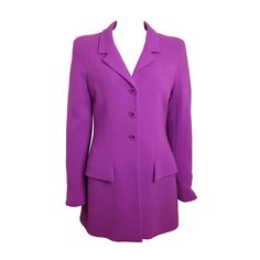 - Chanel purple boucle wool jacket from Fall 1997 collection. - Featuring round shoulders and fully lined. - Three front buttons fastening and one "CC" logo button on the left sleeve. - Height: around 31 inches. Bust: around 32 to 34 inches. When open button can be up to 40 inches. Waist: around 32 to 34 inches. When open button can be up to 40 inches Shoulder: around 17 inches. Sleeve: around 25 inches. Arm Circumference: around 12 to 14 inches. All the measurements are approximately. -Please m Purple Chanel, Round Shoulders, Dior New Look, Vintage Chanel Bag, Chanel Suit, Color Combos Outfit, Moschino Couture, Ruffle Jacket, Chanel Jacket