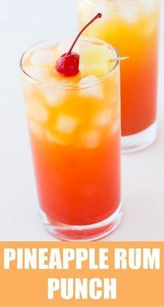 pineapple rum punch recipe in two glasses with cherries on top and the title overlay reads pineapple rum punch