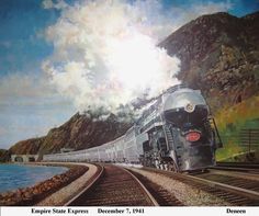 an oil painting of a train traveling down the tracks near water and mountains with clouds in the sky