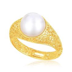 Tiny threads of gold intertwine to create the look of antique lace while a glowing cultured pearl makes a stunning focal point. Intriguing and artistic, this ring combines classic form with innovative texture. Ring Information Width 0.18 inches Avaliable Sizes 7 Metal 14K Yellow Gold Pearl Information Number Of Pearls 1 Pearl Type Freshwater Cultured Shape Round Average Color White Pearl Size 10.0mm Crochet Ring, Gold Crochet, Crochet Rings, Lace Ring, Freshwater Pearl Ring, Fancy Rings, Pearl And Lace, White Freshwater Pearl, Pearl Types