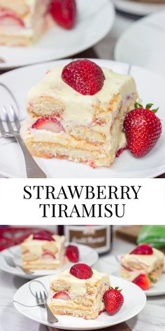 strawberry trifle with cream cheese and strawberries on the top is shown in three different views