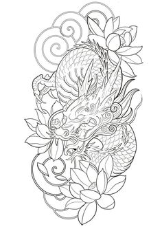 a dragon and flowers tattoo design on a white background